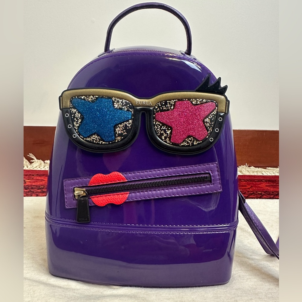 Furla Purple Patent Mini Backpack with Glitter Sunglass Motif